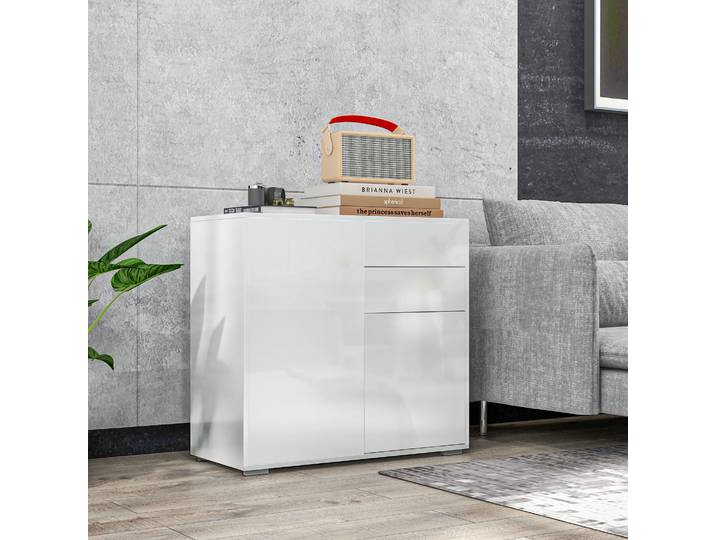 HOMCOM Buffet Blanc Brillant 2 Tiroirs 2 Portes avec Étagère