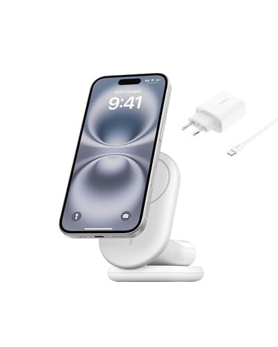 Belkin BoostCharge 2-in-1 magnetische Qi2 15W draadloze oplader met USB-C, MagSafe compatibel, Wit