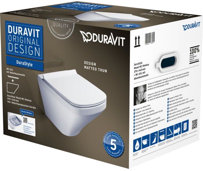 Duravit DuraStyle Wand-WC Rimless® Set 45510900A1 weiss, mit WC-Sitz, spülrandlos