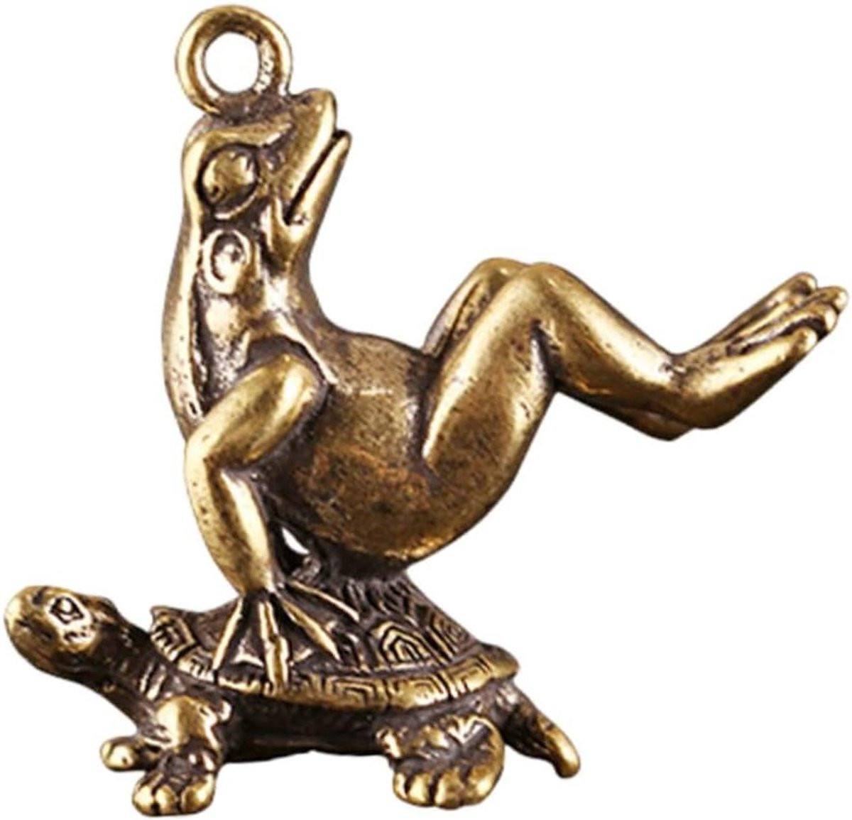 Decoratie Kikker Beeldje - Koperen Figuur - Feng Shui Ornament - Goud - H x B x D: 4.3 x 3.9 x 2.3 cm