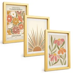 BILDER SET 3er Set - 20x30 cm Goldrahmen - Pastellfarbene Sonnenblumen