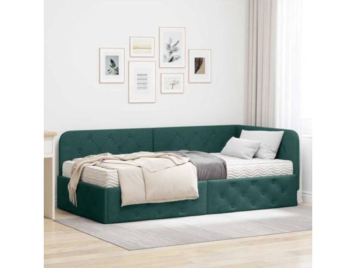 RJPLMFV Eckbettgestell, Dunkelgrün, 100 x 200 cm, Stoff Schaumstoffmatratze inklusive, Kopfteil wendbar, strapazierfähiges Sperrholz, umwandelbares Sofa für Tag und Nacht