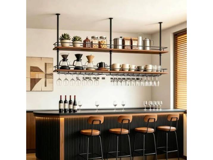 Gaommini Deckenregal aus Holz für die Küche mit Glashalter Schwimmendes Bar-Weinregal, schwebende Hängeregale für Restaurant, Café(100x30x80cm)