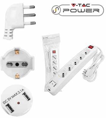V-Tac Multipresa Ciabatta 5 Posti Bipasso/schuko Presa Tedesca 10/16a + 2 Prese Usb Cavo 1,5mt Interruttore Luminoso - Sku 8715