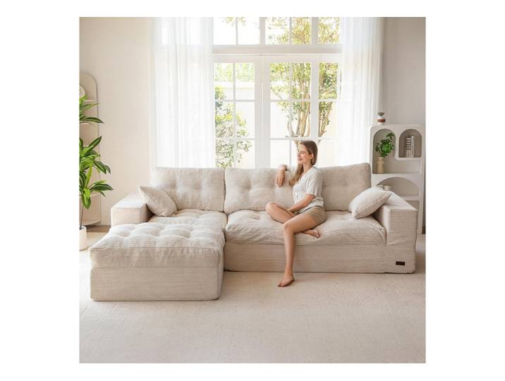 LuxusKollektion Wohnlandschaft Sofa Ecksofa L Form Cordstoff Schlafsofa Ottomane Cremeweiß L-Förmig