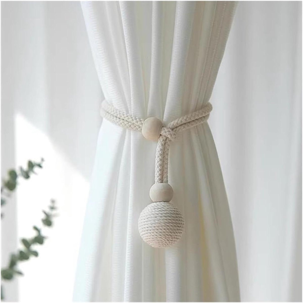 Set van 4 handgemaakte beige gordijnbanden van touw
