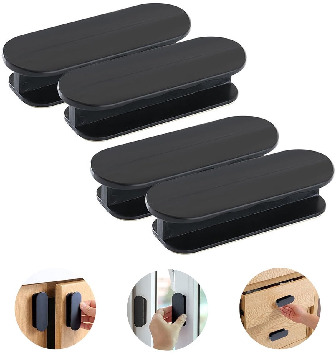 Set van 4 zelfklevende kastgrepen voor meubels, zwart, kunststof