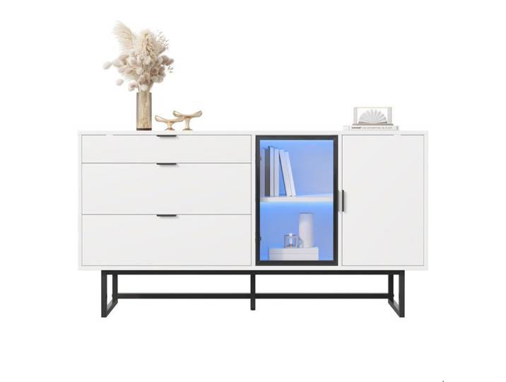 Buffet bas - SOGEU - Vitrine 3 tiroirs - Blanc bicolore - Portes vitrées - LED intégrées