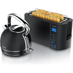 Arendo Frühstücks Set Edelstahl Wasserkocher 1,7l Kessel + Griff & 4-Scheiben Langschlitz Toaster, Schwarz, Wasserkocher, Schwarz