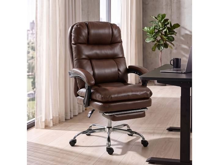 HOMCOM Chaise Bureau Ergonomique PU Repose-Pieds Dossier Haut Marron