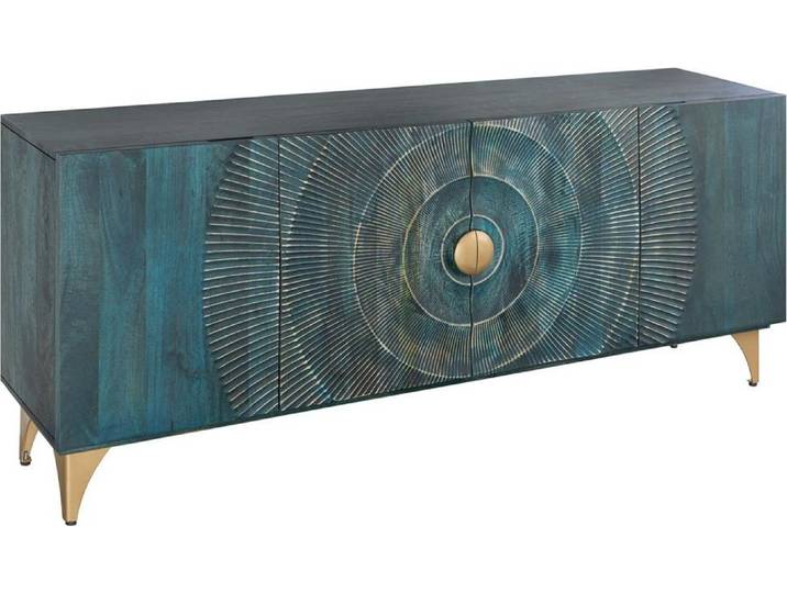 Buffet Solaria 180 cm en bois massif sculpté bleu et doré – 4 portes
