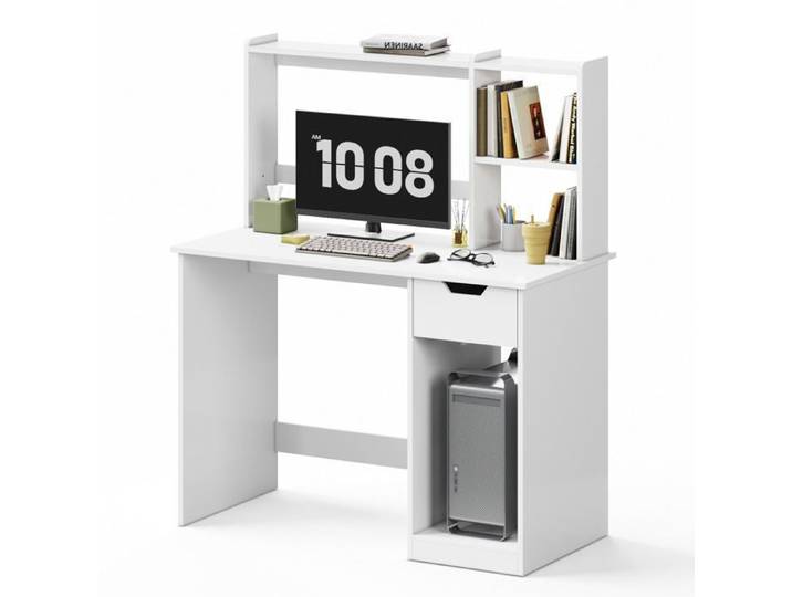 Mondeer Bureau Informatique avec Étagère Réglable Bureau avec Tiroir et Rangement pour Le Tour d'Ordinateur 105x50x125 cm Blanc