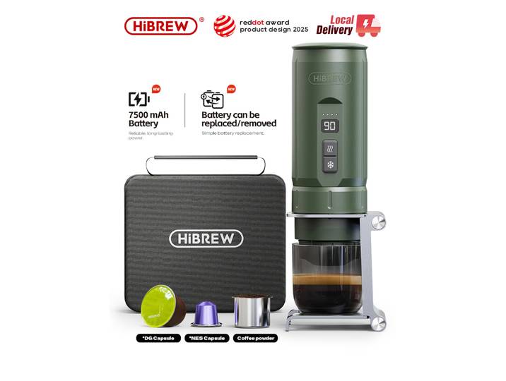 Machine à café expresso portable HiBREW H4C 3-en-1, cafetière de voyage, batterie lithium 7500 mAh, auto-chauffante, compatible capsules NS DG et café moulu