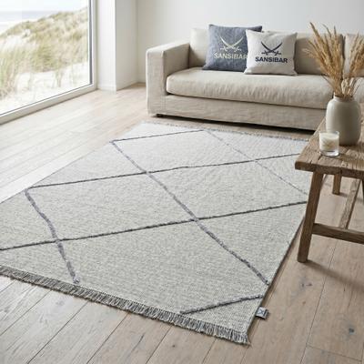 Teppich SANSIBAR "Braderup", beige (natur), B:60cm H:2mm L:100cm, Schurwolle, Teppiche, Teppich, Flachgewebe, modernes Scandi Design, Motiv Rauten, mit Fransen
