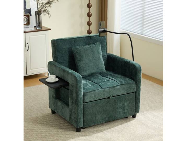 ROVRYN fauteuil convertible 2 en 1 chenille verte dossier reglable 5 positions avec tablette et rangement