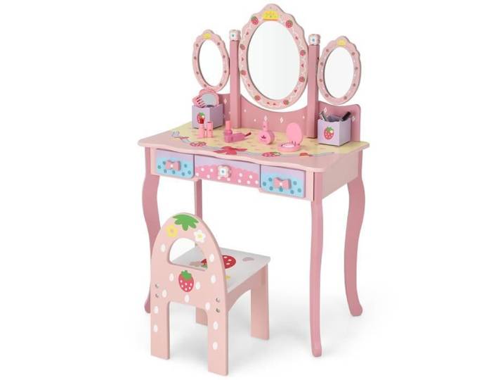 DREAMADE Coiffeuse Enfant avec Tabouret Table de Maquillage avec Miroir Pliable à 3 Volets 3 Tiroirs & 2 Boîte de Rangement Rose