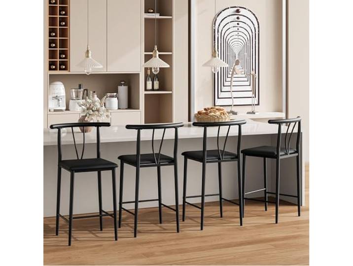 IDEALHOUSE 4er-Set 64 cm Barhocker mit Rückenlehne, Fußstütze & gepolstertem PU-Leder – robuster Metall-Küchenhocker für Kücheninsel & Essbereich (Schwarz)