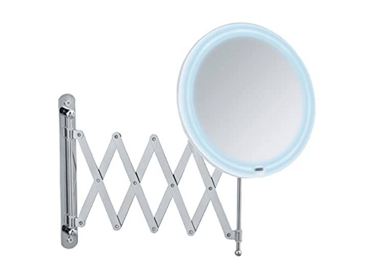 WENKO Miroir Maquillage LED Mural Barona\, avec Bras télescopique\, Miroir grossissant x5\, Ø 20 cm\, Acier - Plastique\, 20x34x55 cm\, Chromé