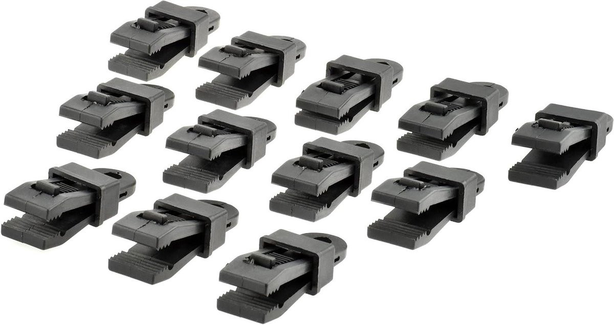 Set van 12 zwarte Tarp Clips voor het klemmen en buiten bevestigen van een luifel met verstelbare grip