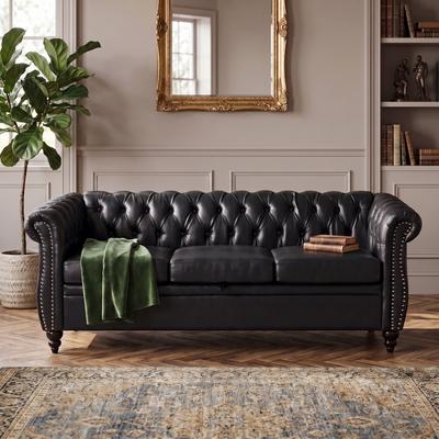 "GDFStudio - 84"" 3-Seater Chesterfield PU Leather Storage Sofa with Solid Wood Frame & Birch Wood Legs"