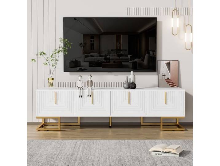 Meuble TV buffet bas avec porte texturée meuble TV Meuble TV haut a poignées dorées et pieds dorés Meuble télé
