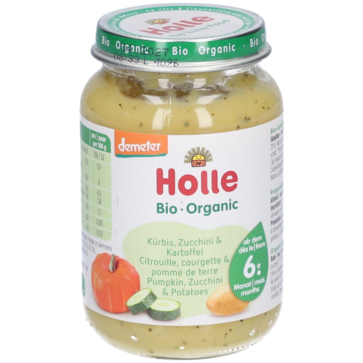 Holle Kürbis Zucchini & Kartoffel Glas 190 g Bio Puder