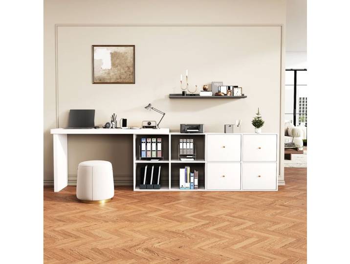 Bureau d'angle pivotant 360° blanc en MDF avec meuble latéral 4 niches ouvertes et 4 tiroirs