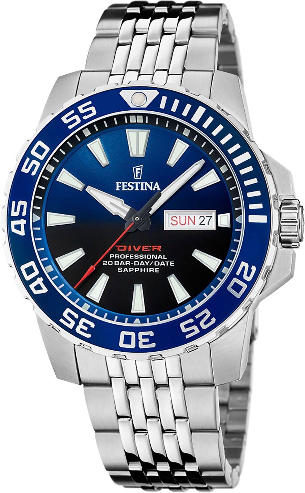 Quarzuhr FESTINA "Diver Collection", silber (silberfarben, blau, schwarz), Armbanduhren, Herren, Quarzuhr, Armbanduhr, Herrenuhr, Quarzuhr, Edelstahlarmband, Datum, Saphirglas