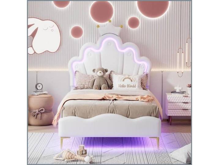 Lit Double 90x200cm Princesse à Couronne - LED Ambiante Réglable PU Confortable - Blanc