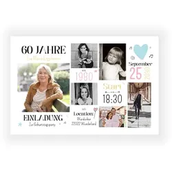 Einladungskarten zum 60. Geburtstag mit eigenen Fotos gestalten im Design "Einladungskarte 60. Geburtstag: Bildreicher Geburtstag mit Fotos in Weiß" - Musterkarte - Karten einfach online bei...
