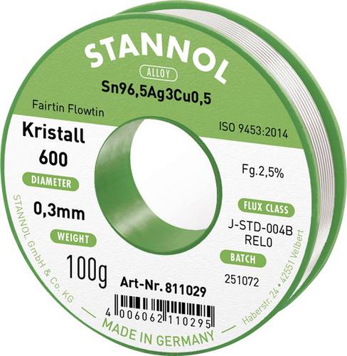 Stannol Kristall 600 Lötzinn, bleifrei Spule Sn96,5Ag3Cu0,5 REL0 100g 0.3mm