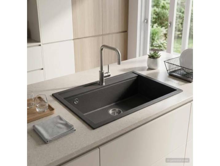 Küchenspüle Einzelbecken Granit Graphit 79,5 x 50,5 x 20 cm Granit- und Quarz-Verbundwerkstoff, hitzebeständig bis 280 °C, Ablaufgarnitur inklusive, Installation vor allem
