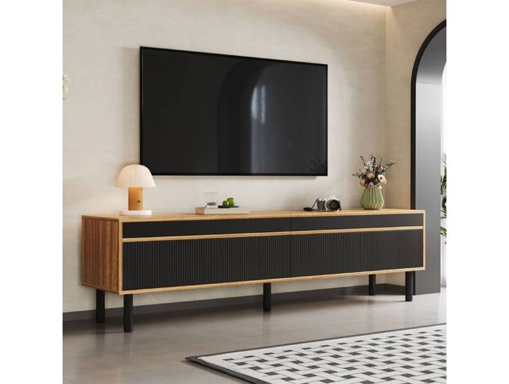 Meuble TV 170x38x47 cm 3 portes noir/bois naturel panneau TV design moderne