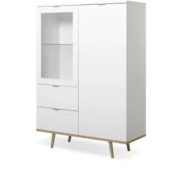 HIGHBOARD weiß matt, Eiche Sonoma massiv, 100 cm, Vitrine skandinavisch