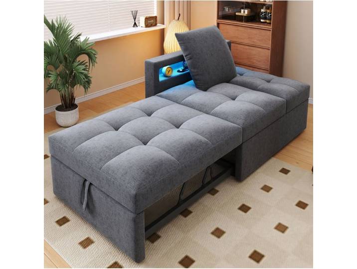MEULVA Canapé-lit convertible 3 en 1 2 places dossier réglable 5 positions LED USB Type-C gris clair