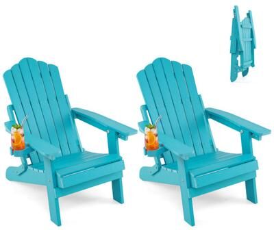 Costway Set of 2 Outdoor Folding Adirondack Chair with Cup Holder and 5-Level Backrest-Turquoise