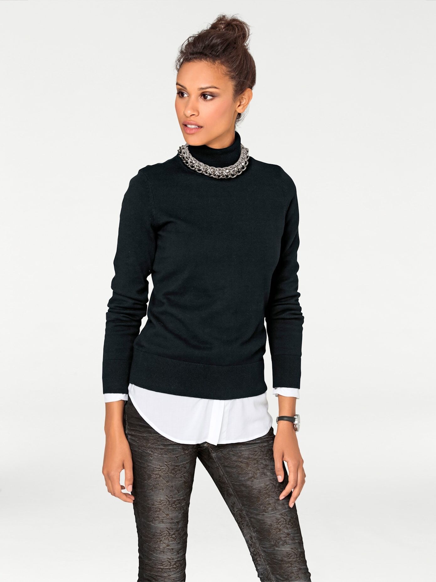 Rollkragenpullover HEINE "Rollkragen-Pullover", Damen, Gr. 48, schwarz, 100% Baumwolle, unifarben, Pullover Rollkragenpullover schwarz 48