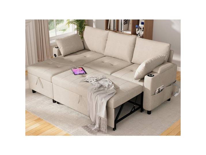 YODOLLA Canapé convertible - avec rangement USB porte-gobelets transformable en lit - Beige