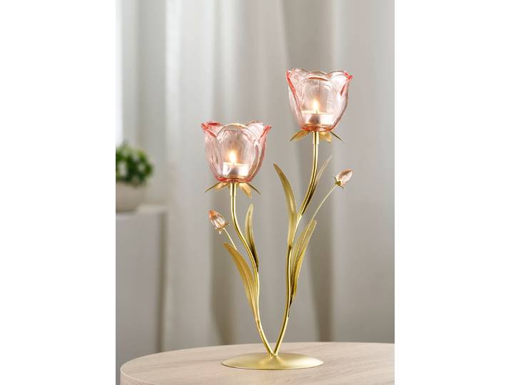 Eleganter Teelichthalter mit Gläser in Rosenform, Rosa-Gold