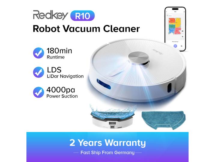 Robot aspirateur Redkey R10, navigation LiDAR, contrôle par application, aspiration 4000PA, serpillière intelligente, outil de lavage des tapis (1000W)