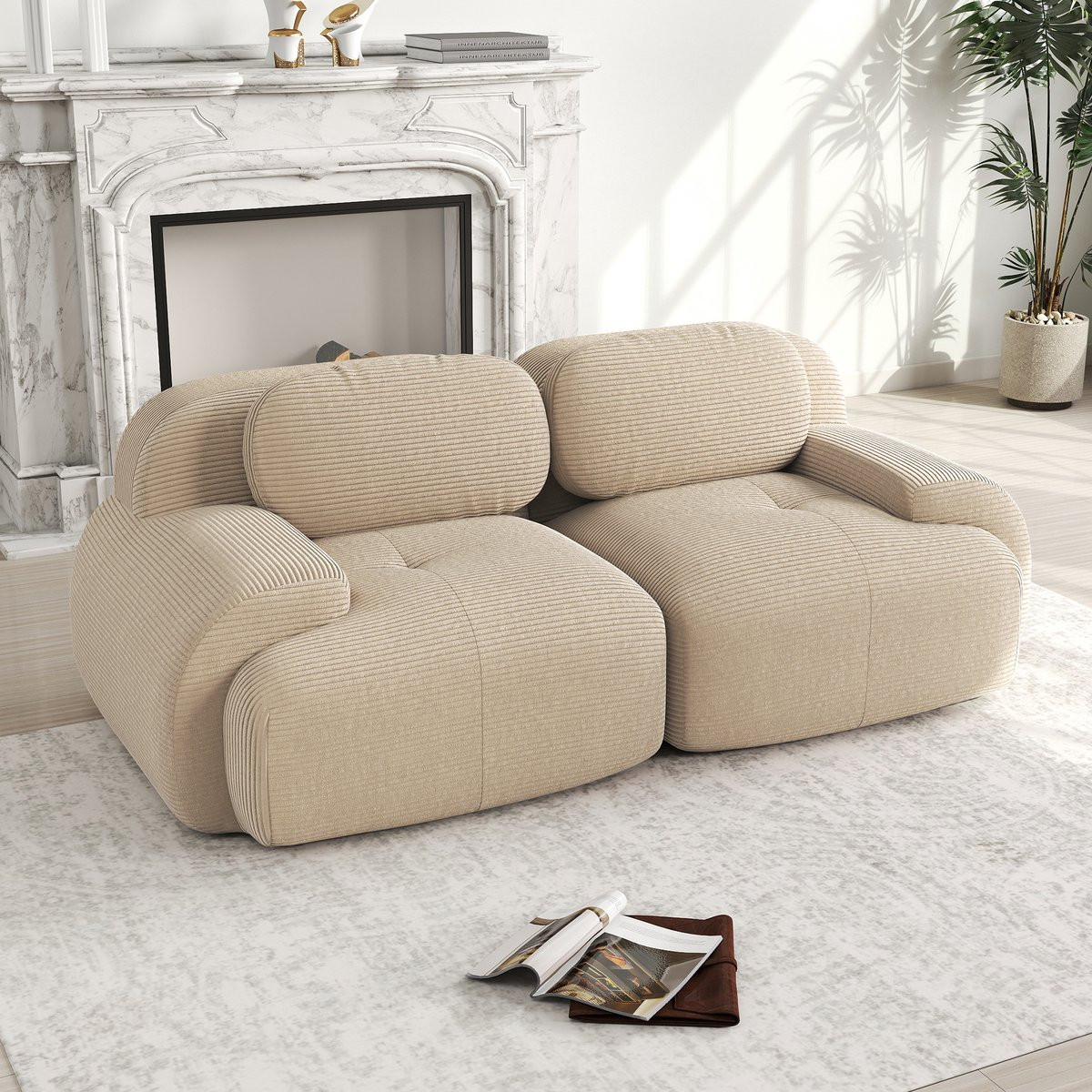 STILVORA Modulaire Hoekbank Beige Ribstof - 208 cm