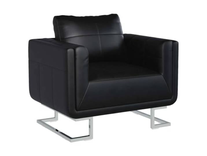 Würfel-Sessel mit Verchromten Beinen Schwarz Kunstleder Holzgestell, Leder-Mischgewebe mit 19 % Echtleder, inklusive Kissen, Armlehnen, ergonomisch