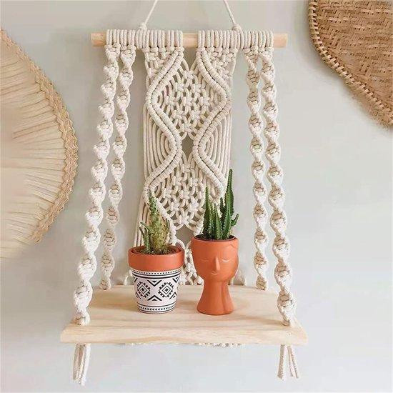 Unyqoos Macramé Wandplank – Handgemaakte Boho Wanddecoratie met Houten Plank en Katoenen Touw