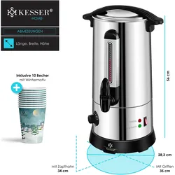 Kesser Glühweinkessel 10L Edelstahl Inkl. 10x Becher Glühweinkocher, Einkochautomat, Silber