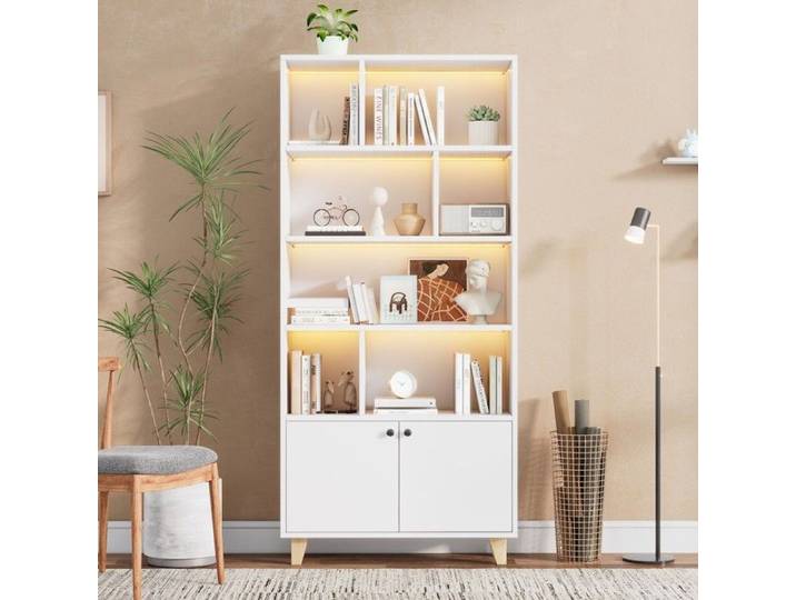 Bibliothèque Blanche 80x30x173cm – Pieds Bois Massif Étagères Double Porte LED Couleurs Changeantes + Télécommande Design Épuré