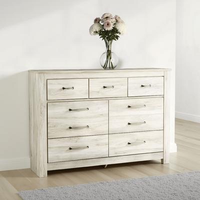 Benjara Simon Wide Dresser, 7 Drawers, Laminate Rustic Gray Whitewash Finish