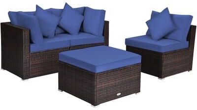 Costway 4 Pieces Ottoman Garden Patio Rattan Wicker Furniture Set with Cushion-Navy
