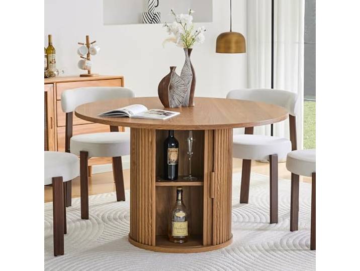Ropilly runder Esstisch 120 cm mit Stauraum aus MDF im Landhausstil Runder Esstisch 120 cm für 4 bis 6 Personen mit zwei Ablageebenen und pflegeleichter Walnussoberfläche