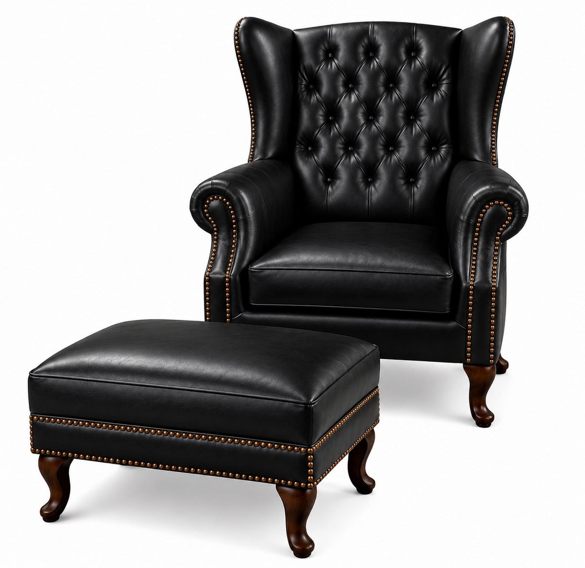 Chesterfield Fauteuil met Hocker - Zwart Leer - Lounge Chair