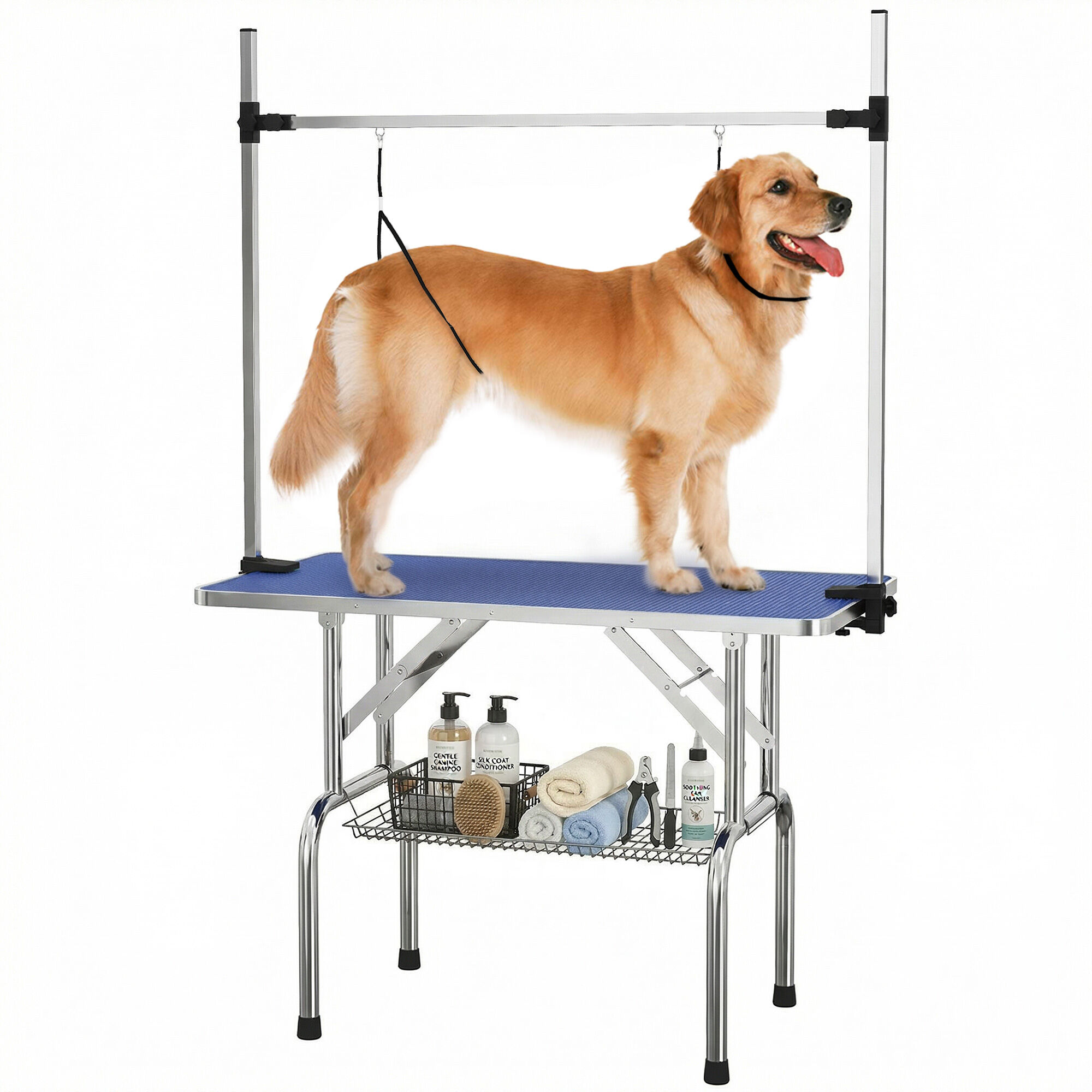 Pawhut Aosom Italy Tavolo da Toelettatura per Cani e Gatti con Barra in Acciaio Regolabile e Vassoio Porta Attrezzi 107 x 60 x 170cm